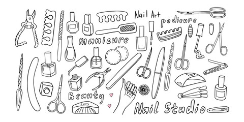 Set of manicure tools in doodle style. Nail polish, Gel polish, emery board, cuticle scissors, nail brush, nail file, tweezers, nail clippers, LED nail lamp, Toenail scissors. Hand drawn. Nail studio
