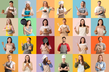 Set of people wearing aprons on color background