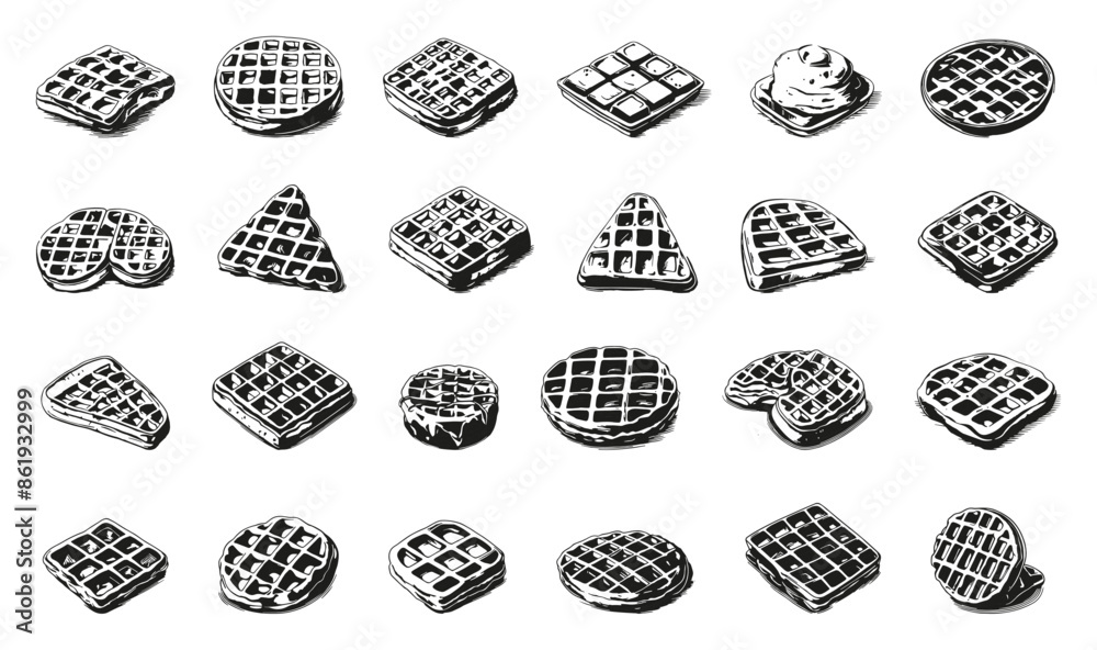 Wall mural engraving style waffles icons set hand drawn simple style black icons on white background dessert il