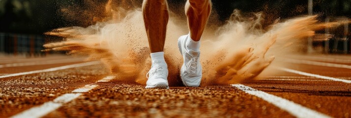 Dynamic close up of a long jumper landing with sand kicking up beneath their feet