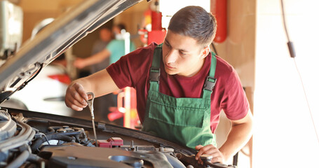 Male mechanic checking level of oil in car engine