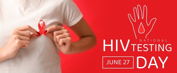 Banner for National HIV Testing Day with woman holding red awareness ribbon