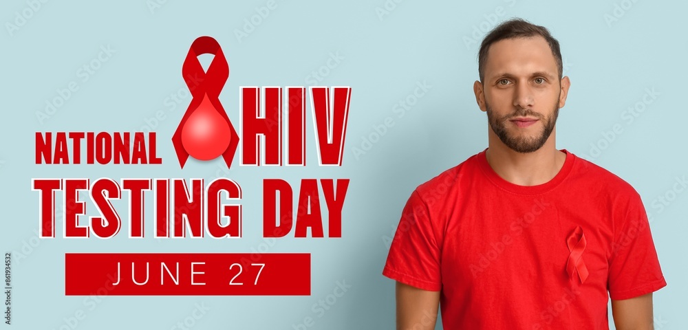 Wall mural Banner for National HIV Testing Day with young man holding with red awareness ribbon on t-shirt