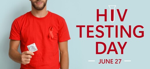 Banner for National HIV Testing Day with young man holding condom