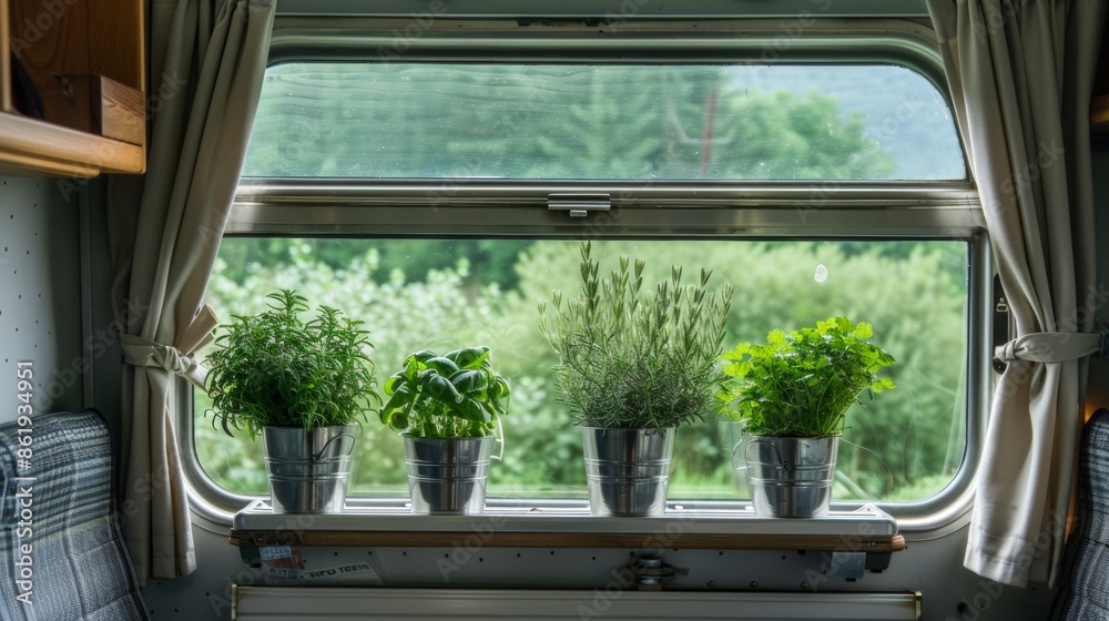 Wall mural Fresh herbs and plants adorn the shelves adding a touch of nature and improving air quality.