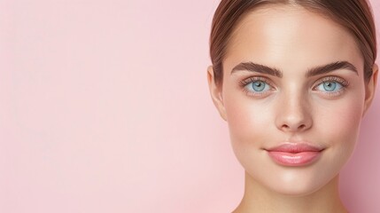 Fototapeta premium Woman with Natural Makeup and Pink Lips, Fresh and Minimalist Beauty, Natural Look on Pink Background, Subtle Lip Color, Clean Beauty Portrait, Pink Themed Beauty Shot, Elegant and Simple Makeup