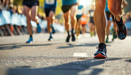 Fototapeta premium Intense focus on group of runners in close up during a competitive marathon event
