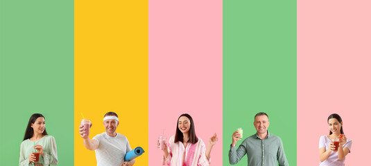 Set of people with healthy smoothie on color background