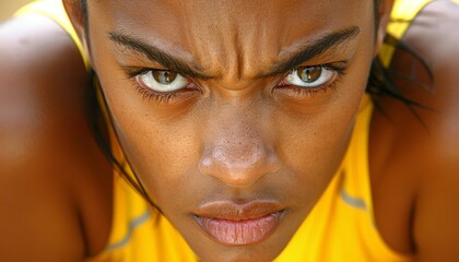 Intense close up of a runner showing strain on the face during a competitive race