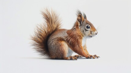 Red squirrel standing upright on white background, side view. Wildlife and nature concept