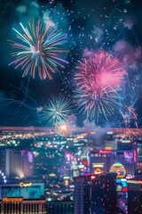  Vibrant fireworks over Las Vegas skyline, illuminating the night with bustling city lights.