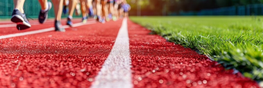 Close up view of long distance runners lined up at the starting point of a marathon race