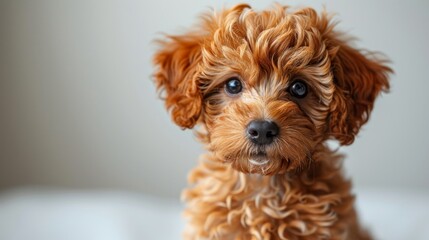 Cute curly-haired brown puppy portrait, close-up. Adorable pet and companionship concept