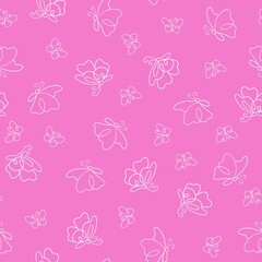 Romantic beautiful illustration of pink background with butterflies. Use for poster, card, print, textile, template, fabric, pattern, sticker, wedding, celebration, birthday.