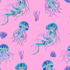 Underwater world. Seamless pattern with jellyfish and sea vegetation on pink background. Use for poster, card, print, textile, template, fabric, pattern, sticker, wedding, celebration, birthday.