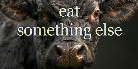Eat something else and leave the sentient beings off the menu -  dark brown cow head staring at camera on black background protest campaign against eating meat