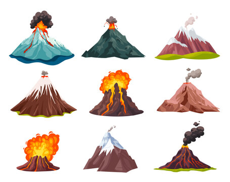Cartoon volcano eruption. Active volcanoes exploding fire lava and volcanic ashes, dark mountain rock crater erupting magma explosion dust cloud ash, ingenious illustration