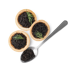 Tasty tartlets with black caviar on white background