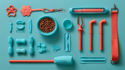 Top view pet essentials  dog food, chew toys, leash, water dispenser, grooming tools, play ball