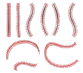 Baseball lace. Ball stitches, american sport red laces seams for leather softball, hardball lacing isolated stitch pattern thread seam brush clip art, set neat illustration