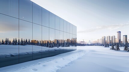 concept where a modern high-rise building is clad in sleek, mirror-like vinyl siding, reflecting the snowy city around it