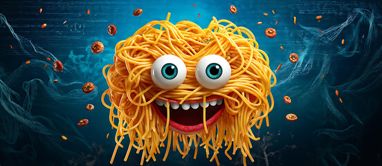 Fototapeta premium Spaghetti monster pasta flying halloween funny food pastafarian sauce cartoon. Pop spaghetti pasta monster dish scary head art spooky fun meatball humor tomato isolated atheist religious lunch holy. 