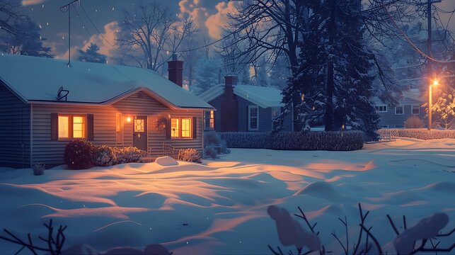 conceptual art piece featuring a house with vinyl siding that glows softly at night, providing a warm light in a snowy suburban setting
