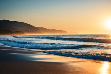 Obraz premium A serene sunset scene with calm ocean waves and a warm glow