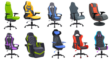 Cartoon gaming chairs. Ergonomic game chair for pro sitting gamers work in home desk computer or office gaming station, games store professional equipment neat illustration © ssstocker