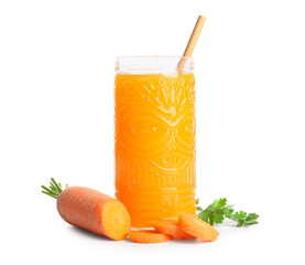 Glass of fresh carrot juice with parsley on white background