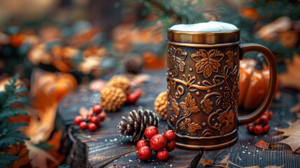 Fototapeta premium Traditional decorative beer stein with intricate design in an inviting festive fall setting. Ideal for Octoberfest and other Autumn festivities and celebrations. Extra space for text copy.