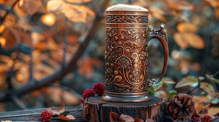 Traditional decorative beer stein with intricate design in an inviting festive fall setting. Ideal for Octoberfest and other Autumn festivities and celebrations. Extra space for text copy.