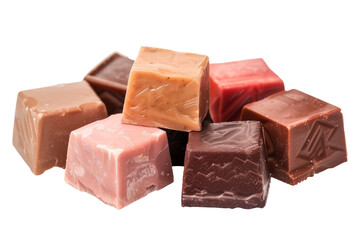 Assorted gourmet chocolate squares. Delicious milk, dark and white chocolate squares isolated on a white background