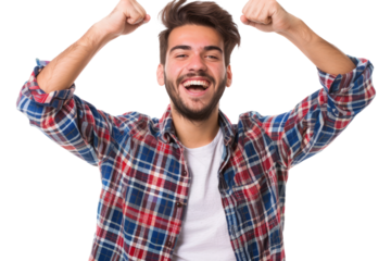 Excited young man celebrating success. Happy young man with raised arms celebrating victory. Isolated on white background.