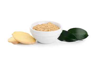 Slices of fresh ginger root and bowl with dried powder on white background