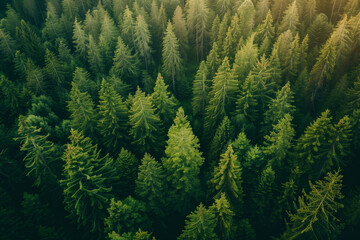 Obraz premium Aerial view of a taiga biome landscape of a huge green forest, captured in a serene wallpaper with ample copy-space, perfect for evoking travel adventures