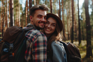 Fototapeta premium Couple exploring a taiga biome forest, captured in a captivating wallpaper featuring significant copy-space, perfect for conveying the essence of travel