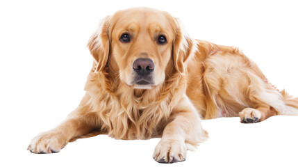 Fototapeta premium Golden retriever relaxing on white background. Calm and friendly golden retriever dog lying down and looking at the camera, isolated on a white background.