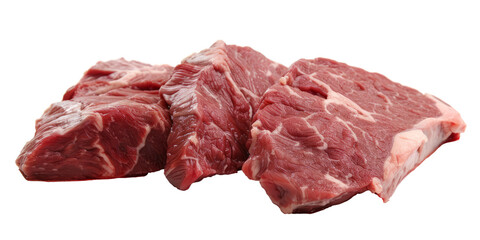 Obraz premium Raw beef steaks isolated. Three raw beef steaks isolated on a white background, ready for cooking.