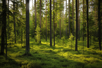 Obraz premium Taiga biome landscape of a huge green forest, displayed in a captivating wallpaper, featuring abundant copy-space, perfect for those planning travel and adventure