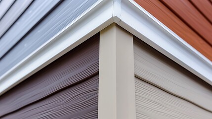 detailed view of a corner where two different colored vinyl sidings meet, illustrating installation techniques and color contrast