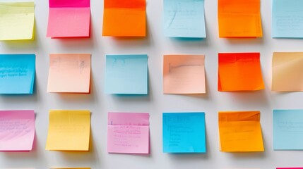Colorful sticky notes on white background, organized grid. Office supply and organization concept