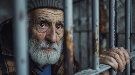grandfather inside a prison looking at the camera