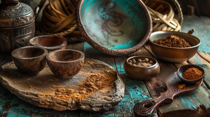 Fototapeta premium Rustic spices and wooden bowls on textured surface