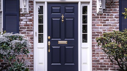 door in a rich shade of navy, framed by a traditional brick entryway with white trim and classic, brass door hardware