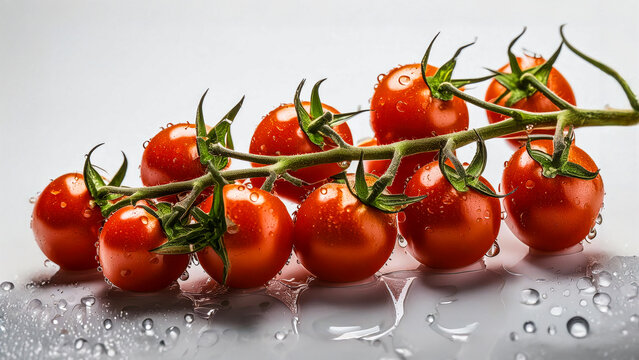 A bunch of fresh and charry juicy tomatoes with water splash on white background.