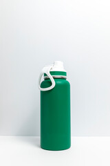 Mockup Reusable Sport Green Water Bottle, Protein Shaker On White Gray Background. Copy Space For Text. Tumbler, Product Template. Vertical Plane.