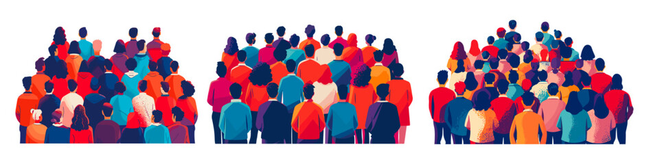 Crowd behind cartoon vector scenes. Group back view men women standing people audience bunch unity listeners cohesion characters, isolated illustrations