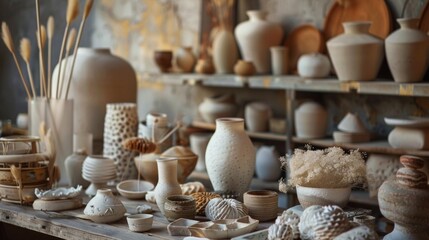 Handmade pottery and ceramic vases in artisan workshop