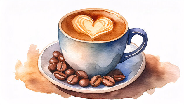 Illustration einer gemalte Tasse Kaffee mit Latteart aquarell	